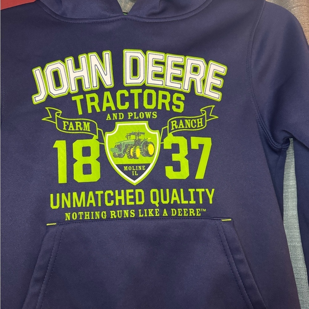 John Deere Navy Blue Sweatshirt with Bright Yellow-Green Graphics - Picture 2 of 4
